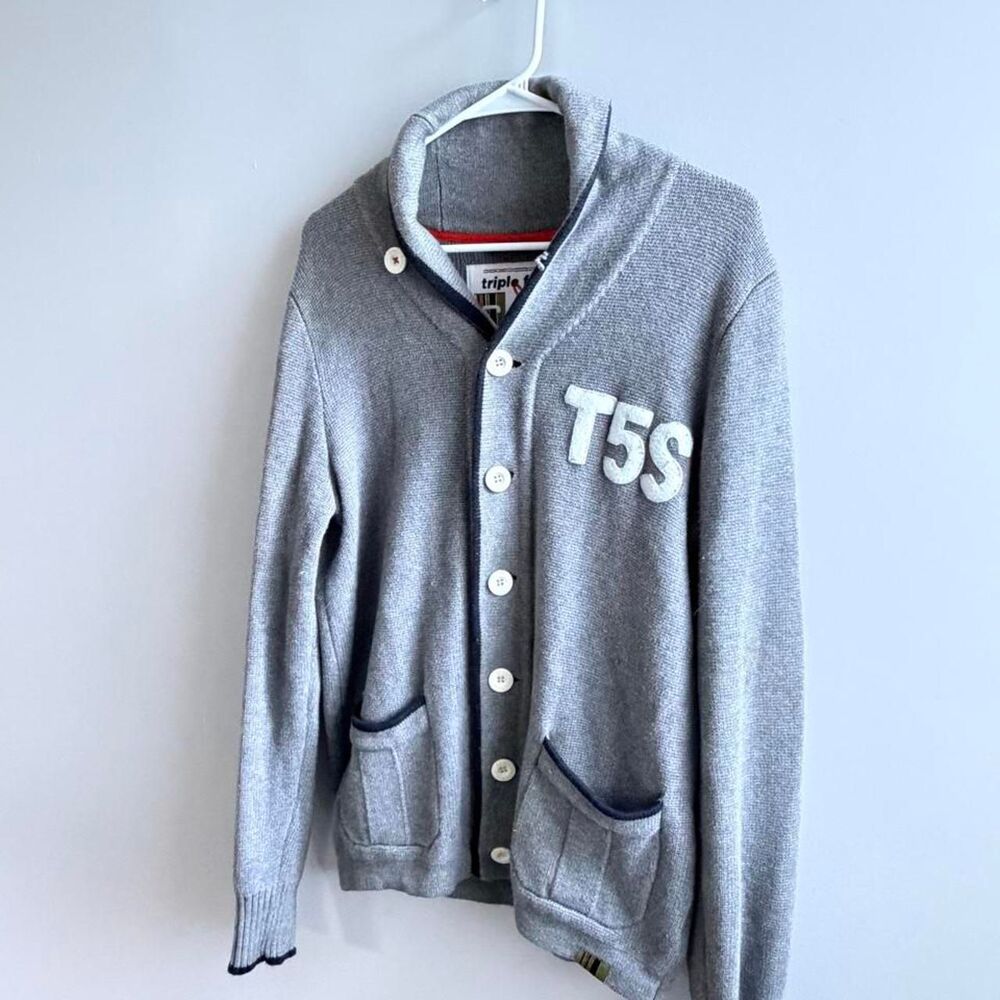 Vintage Triple Five Soul Varsity Cardigan Sweater Gray Shawl Collar S retro